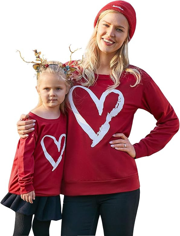 Mommy and Me Outfits Heart Printed Sweatshirt Valentine's Day Pullover Top | Amazon (US)