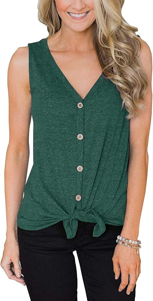 Bloggerlove Women's Button Up Tank Tops Tie Front Knot V Neck T-Shirts Casual Loose Sleeveless Blous | Amazon (US)