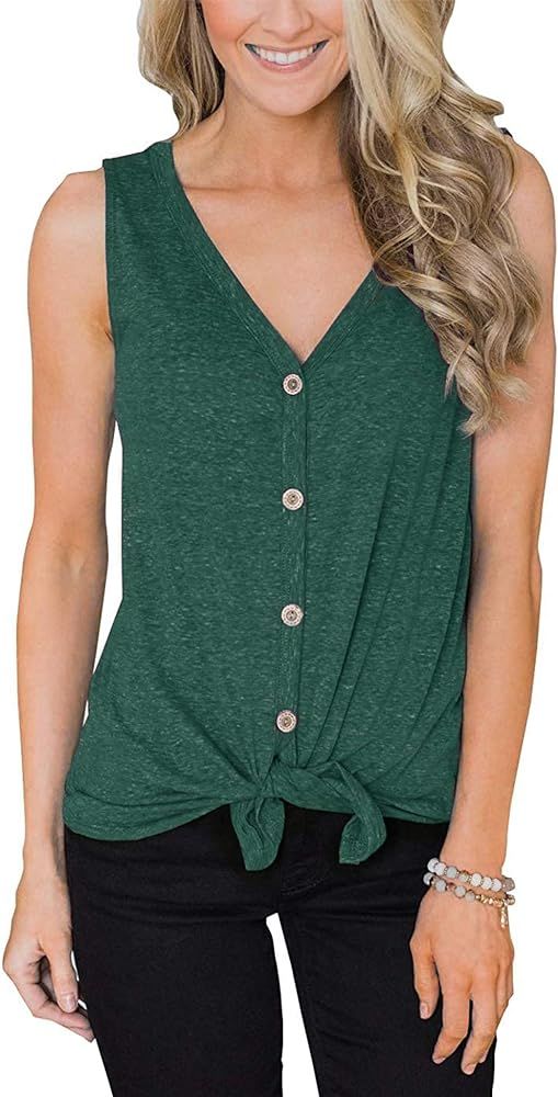 Bloggerlove Women's Button Up Tank Tops Tie Front Knot V Neck T-Shirts Casual Loose Sleeveless Blous | Amazon (US)