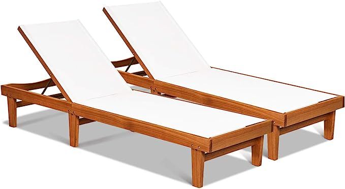 Tangkula Outdoor Wood Chaise Lounge Chair, Patio Chaise Lounger with Adjustable Back, Eucalyptus ... | Amazon (US)