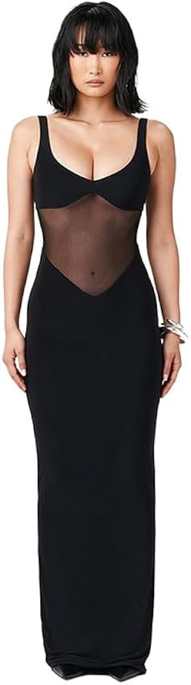 Women's Fashion Sexy Low-Cut See-Through Slim Fit Suspender Temperament Long Dress | Amazon (US)