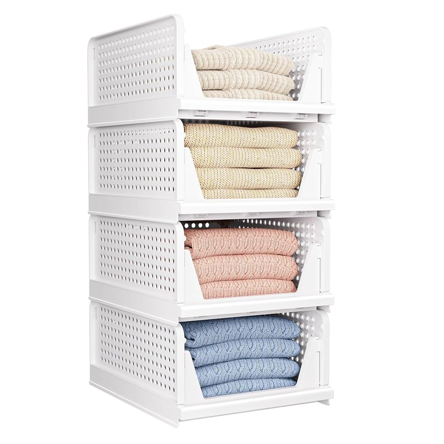 4 Pack Folding Closet Organizers Storage Box, Stackable Storage Bins, Plastic Drawer Basket Close... | Amazon (US)