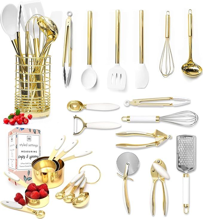 White and Gold Kitchen Utensils Set - 23 Piece Luxe White and Gold Kitchen Accessories Include Go... | Amazon (US)