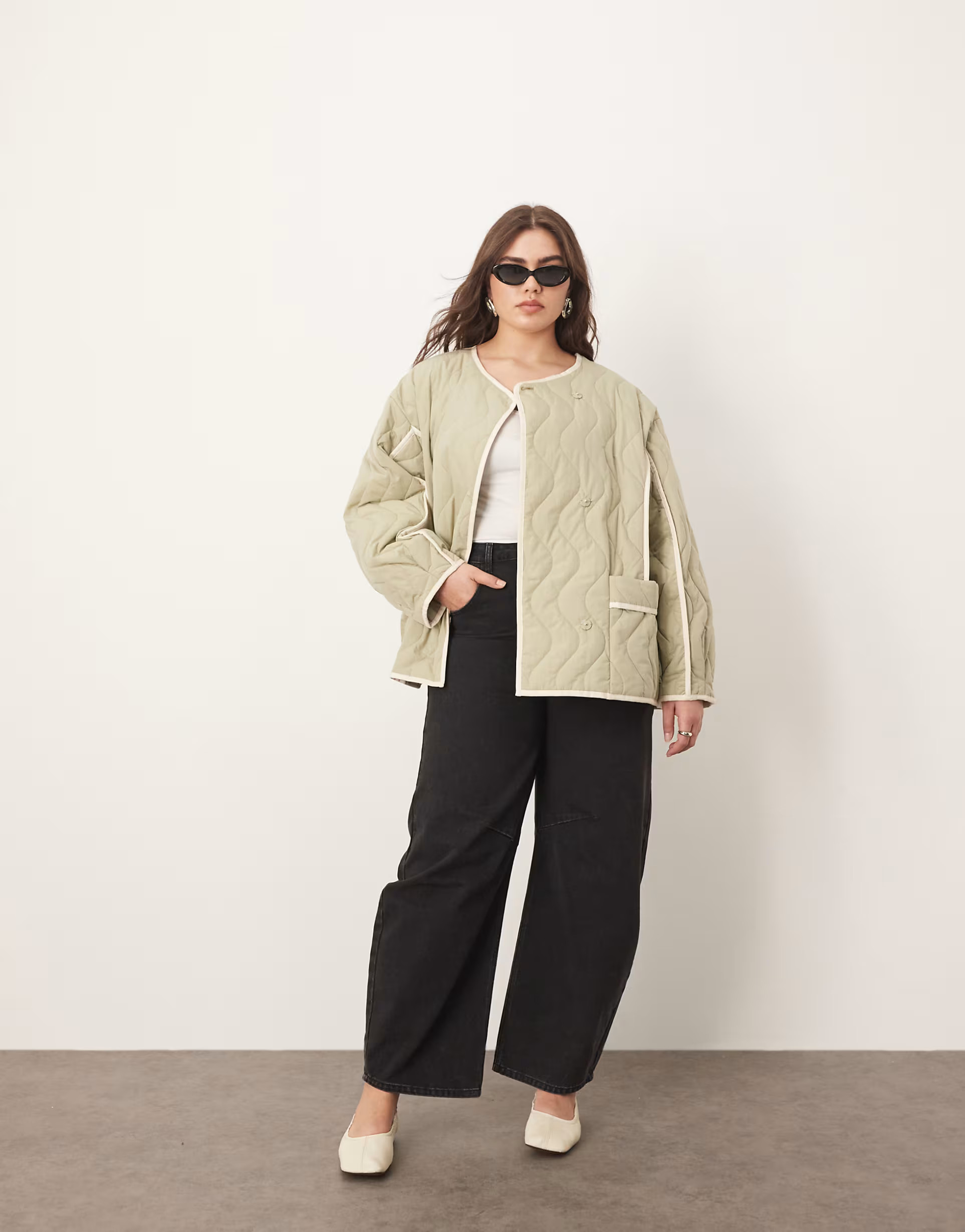 ARRANGE Curve quilted oversized jacket with contrast trim in sage | ASOS (Global)