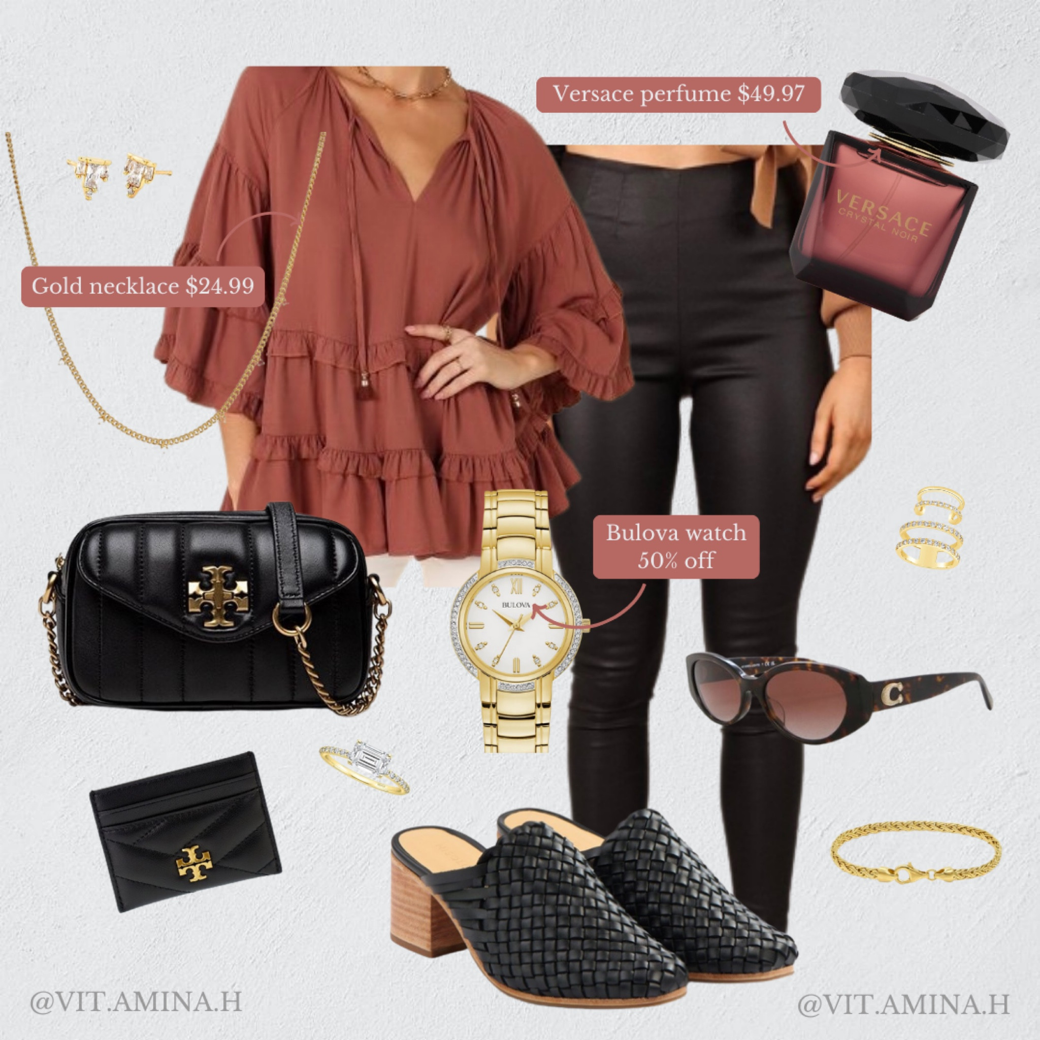 This outfit is perfect for the upcoming fall season. You can find the blouse, leather pants, gold necklace, gold ring, and black mules on the Target website. Click below to shop the outfit now. Follow me @vit.amina.h for more style ideas. 🤍✨

{blouse, brown blouse, leather pants, Versace perfume, Versace, Bulova, Bulova watch, Coach, Coach sunglasses, gold rings, gold necklace, gold bracelet, gold earrings, black mule sandals, Tory Burch, Tory Burch crossbody bag, Tory Burch cardholder, outfit inspo, outfit inspiration, Target finds, Target clothes, Zulily, Nordstrom Rack, seasonal, outfit finds.}

#LTKstyletip #LTKFind #LTKSale