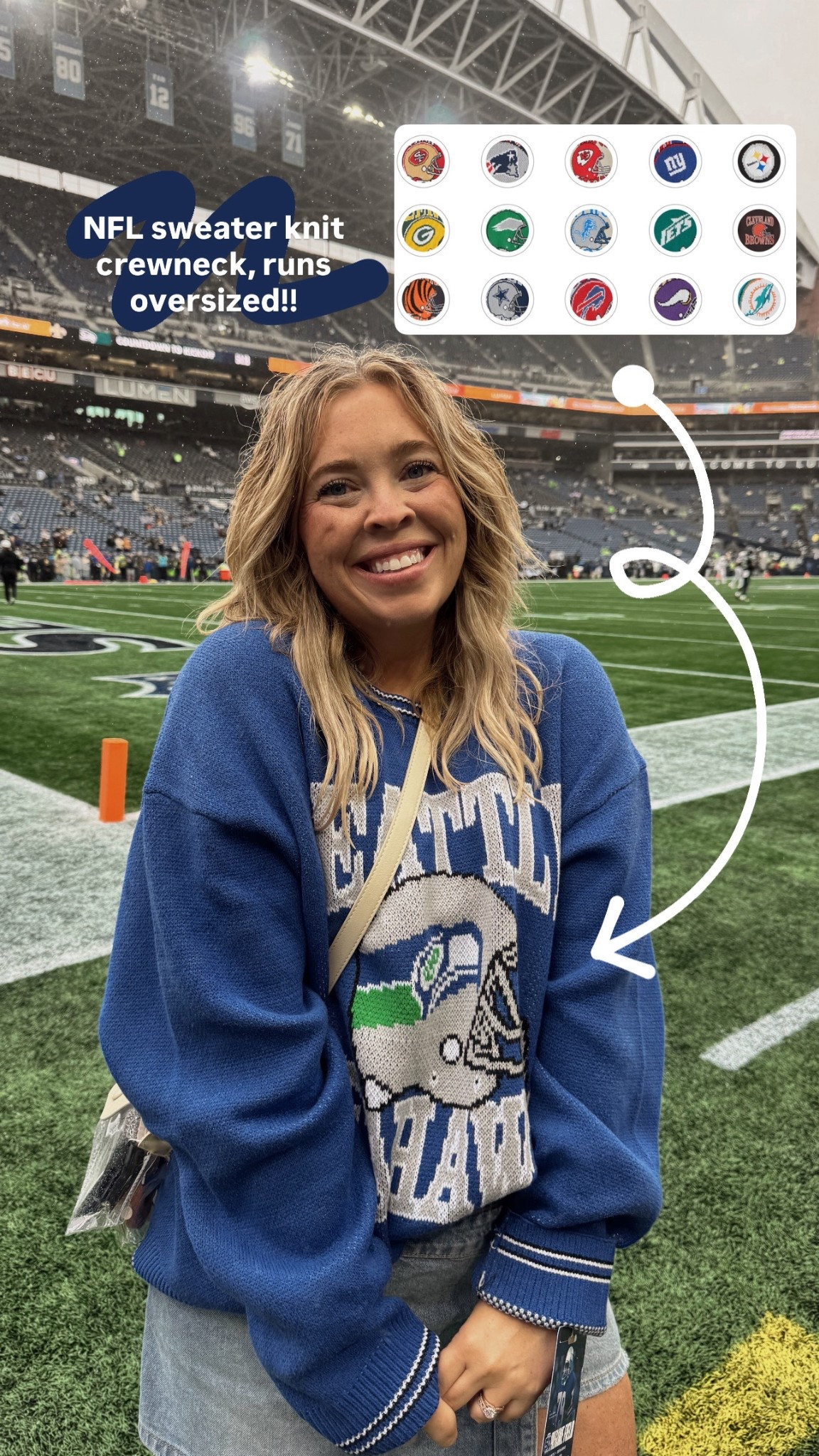 Midsize Game Day Outfit 🏈💙💚 Wearing an XL in the sweater. Grab your regular size for a very oversized fit or size down for a regular fit. Wearing a 32 in the skort! Also included my stadium approved bag!! 🫶🏻

#LTKFindsUnder100 #LTKSeasonal #LTKMidsize