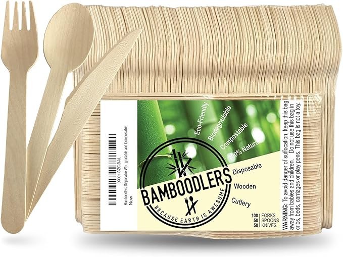 BAMBOODLERS Disposable Wooden Cutlery Set | 100% All-Natural, Eco-Friendly, Biodegradable, and Co... | Amazon (US)