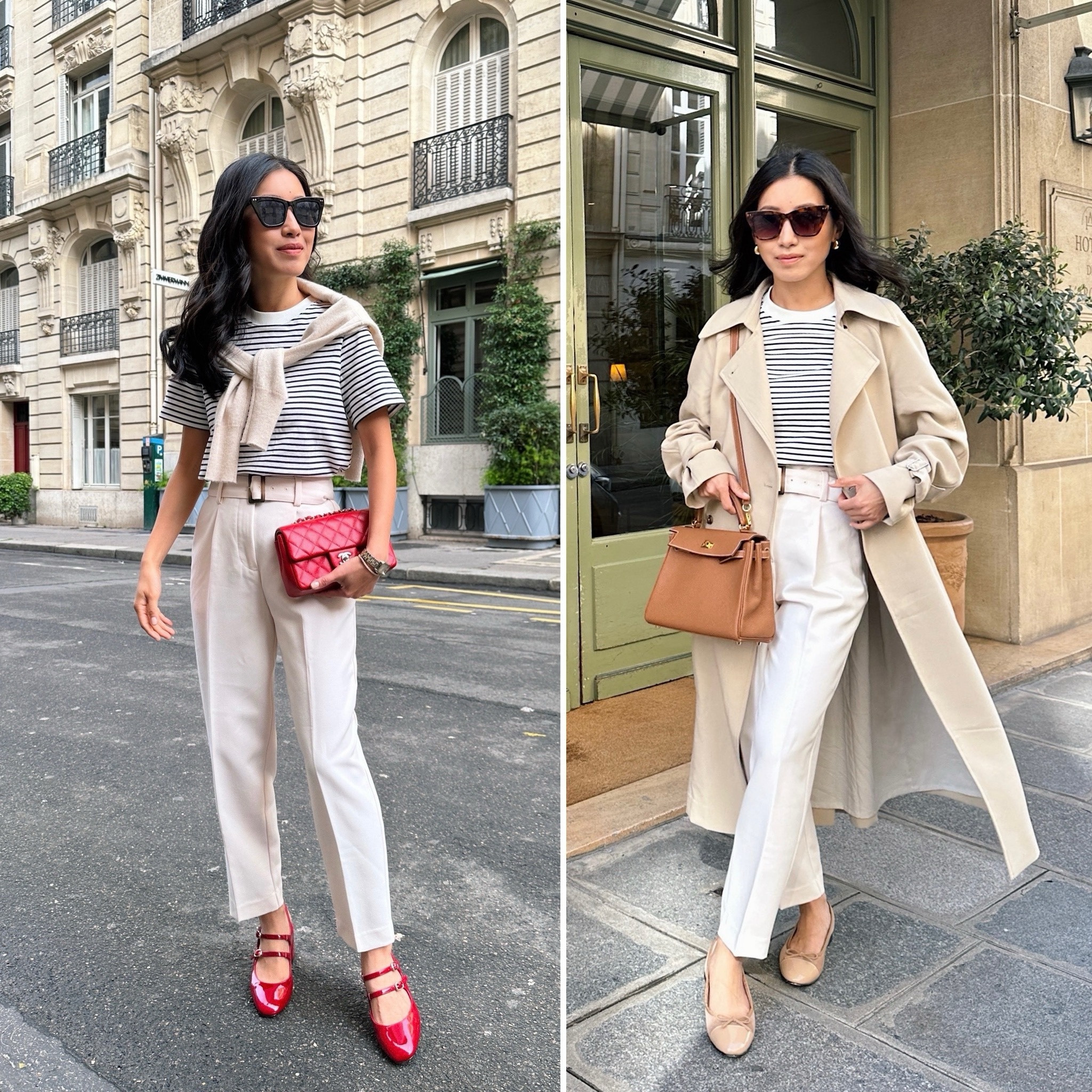 Classy smart casual outfit that’s versatile from work to weekends and can be worn with flats, heels, loafers & white sneakers 

• Ann Taylor belted taper ankle pants 00 petite - currently on sale! My color is from prior year. Sizing runs big so I have the belt tightened. Reviews mention sizing down if you can. 

• Oak + Fort trench xxs, runs big 

• COS stripe tee xs, I sized up for a boxier fit. Nice quality structured cotton tee. FYI the colors differ in softness and the “light beige" is the most soft! 

• Amazon pumps 5.5, these are so good for the price!! 

• Jeffrey Campbell flats 5.5, color is nearly sold out 

• Chanel red bag, Hermes tan bag 

#petite spring outfits

#LTKsalealert #LTKworkwear #LTKSeasonal