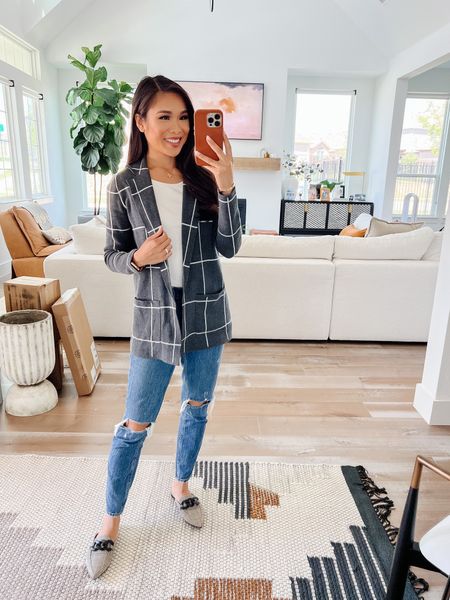 Fall outfit with a windowpane sweater blazer! Get up to 50% off with code STYLE. Wearing high rise skinny jeans and plaid mules for this casual fall look!

#LTKshoecrush #LTKstyletip #LTKsalealert