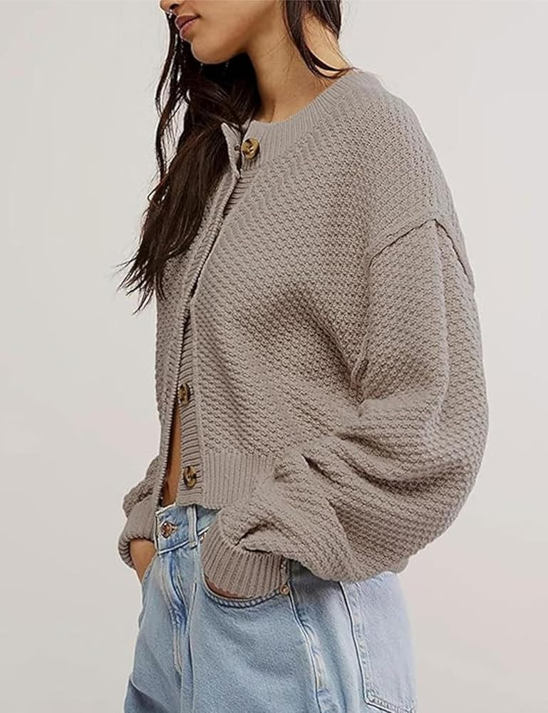 Minghzu Womens Cropped Cardigan Sweaters Loose Button Down Knit Sweater Open Front Long Sleeve Ca... | Amazon (US)