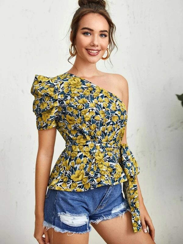 SHEIN One Shoulder Puff Sleeve Belted Floral Top | SHEIN