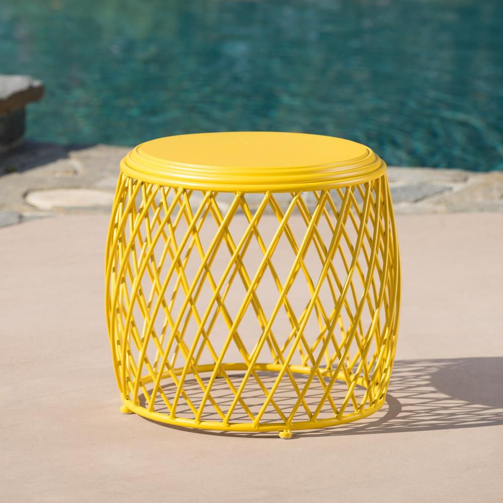 Noble House Alamera Matte Yellow Round Metal Outdoor Side Table | The Home Depot