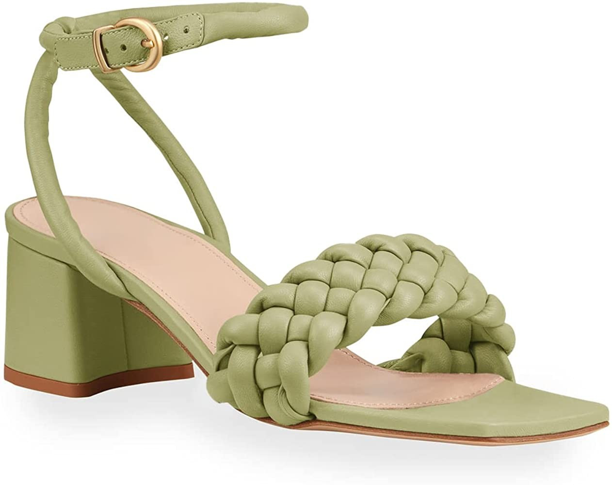 Women's Heeled Sandals Braided Square Open Toe Ankle Strap Chunky Heels | Amazon (US)