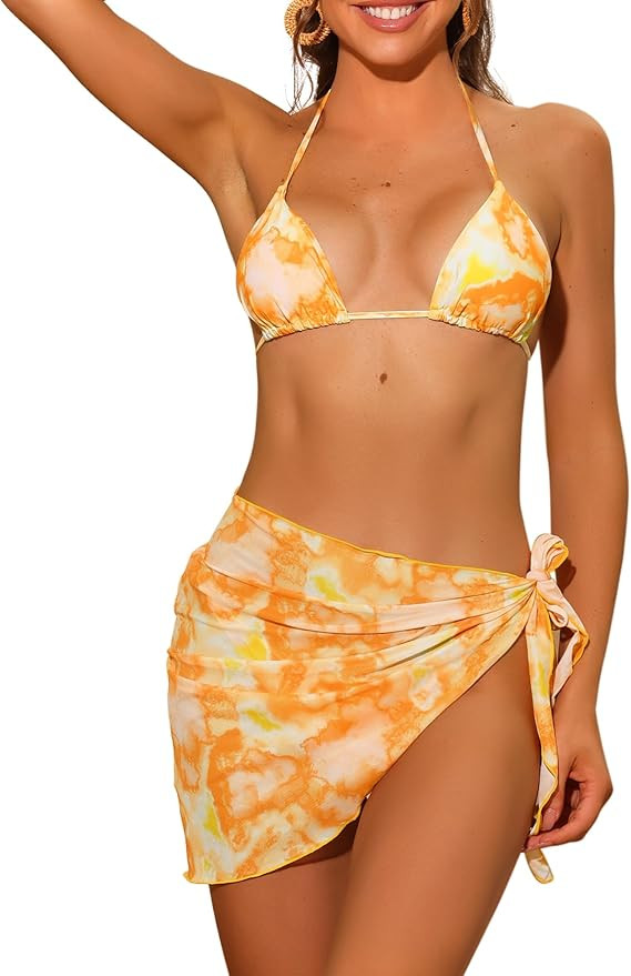 Women's 3 Pieces Tie Dye Bikini Sets, Halter Tie Triangle Swimsuits with Sarong Cover Ups Beach S... | Amazon (US)