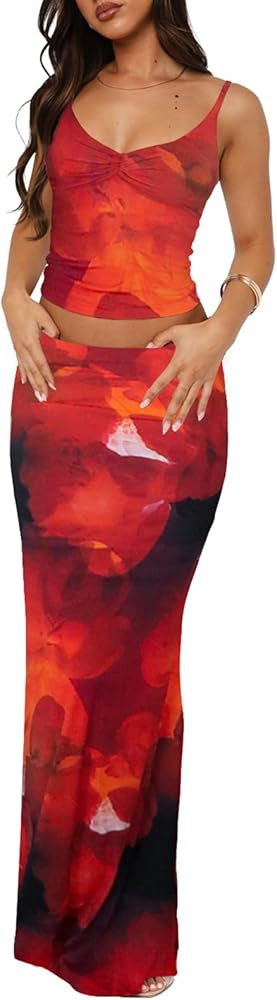 Two Piece Skirt Set for Women - Sexy 2 Pc Sleeveless Spaghetti Strap Pleated Tank Top Maxi Long S... | Amazon (US)