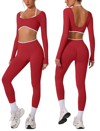 ABOCIW Workout Sets for Women Long Sleeve Crop Top Scrunch Butt Lifting High Waist Leggings 2 Pie... | Amazon (US)