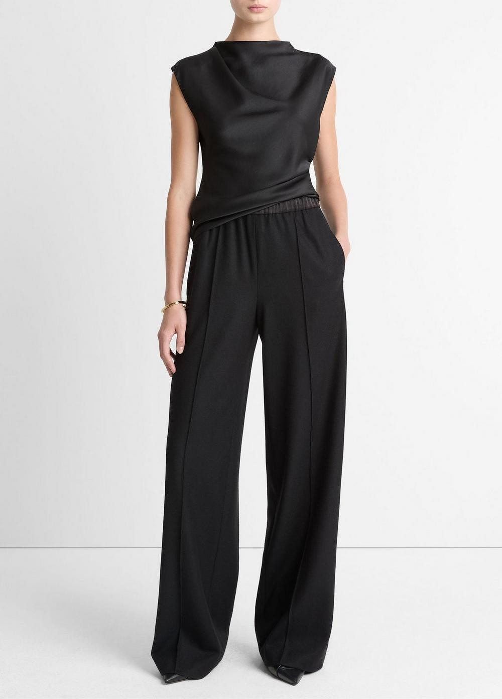 Women's Satin-Trim Italian Wool-Blend Pull-On Pant, Black, Size XS Vince | Vince LLC