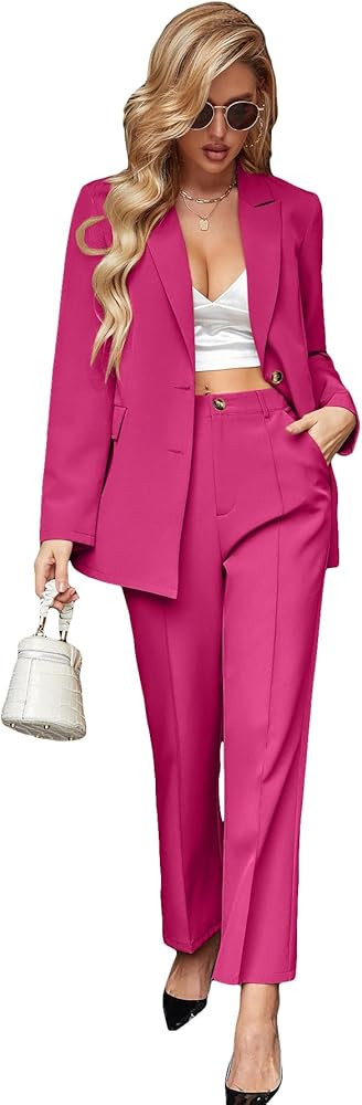 SweatyRocks Women's 2 Piece Blazer Set Button Front Long Sleeve Blazer and Pants Solid Business O... | Amazon (US)