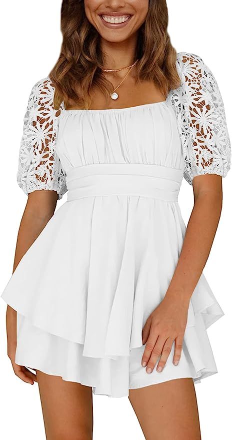 Ferlema Womens Summer Tie Back Floral Lace Short Sleeve Square Neck Ruffle Aline Swing Casual Sho... | Amazon (US)