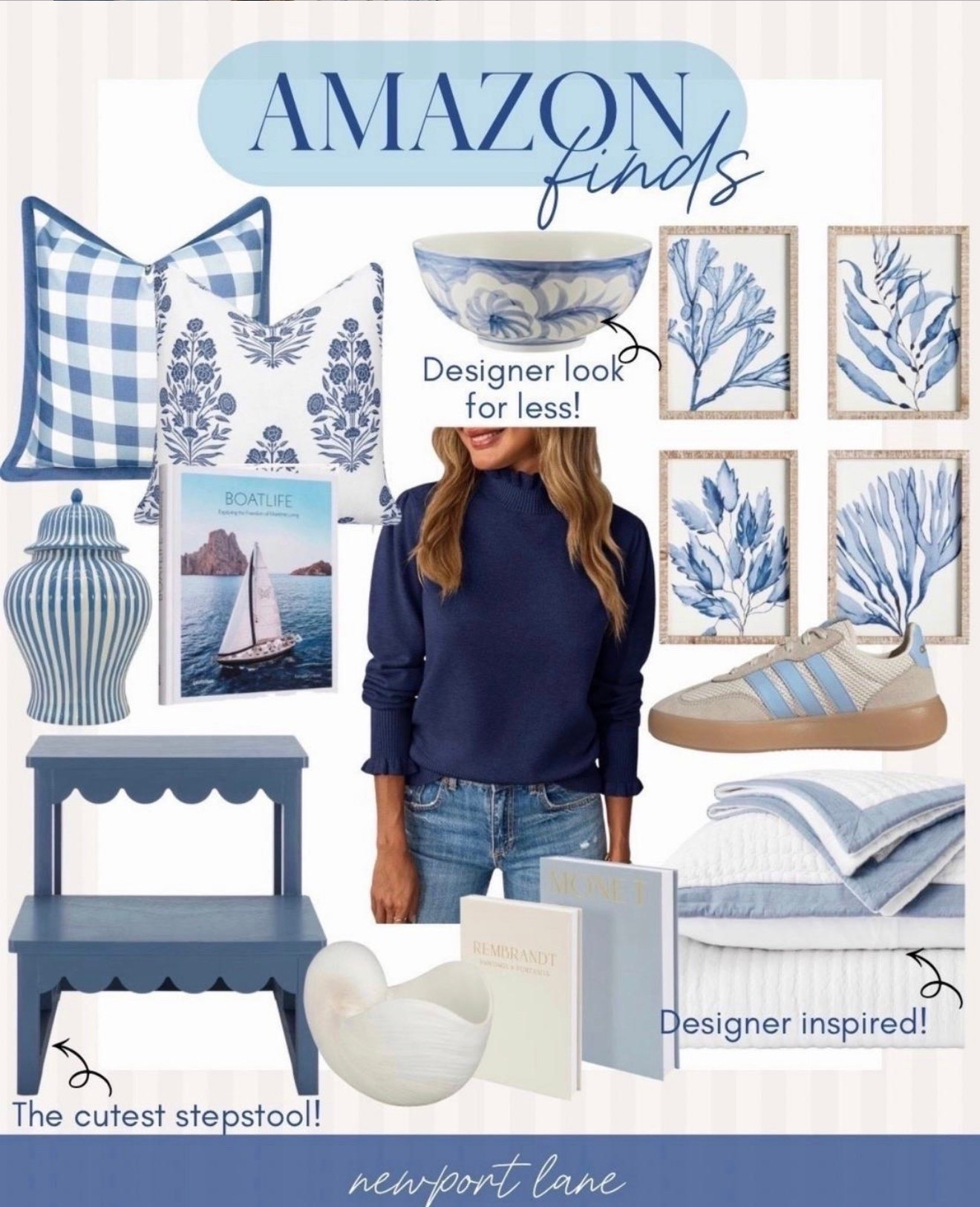 This blue and white Amazon finds collage is packed with coastal home decor and fashion pieces that bring breezy, beachy vibes everywhere you go. From stylish blue and white accents for your space to must-have wardrobe staples, these curated picks are designer-inspired and affordable.

#LTKHome #LTKSaleAlert