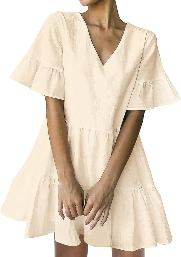 FANCYINN Women’s Cute Shift Dress with Pockets Bell Sleeve Ruffle Hem V Neck Loose Swing Tunic ... | Amazon (US)