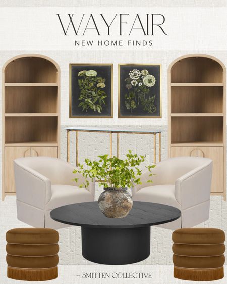 Loving these new finds from Wayfair including these affordable tall arch cabinets, swivel chairs, round black coffee tableC velvet fringe ottomans, gold console table, botanical floral art and neutral ivory rug!

#LTKHome #LTKSaleAlert #LTKFindsUnder100