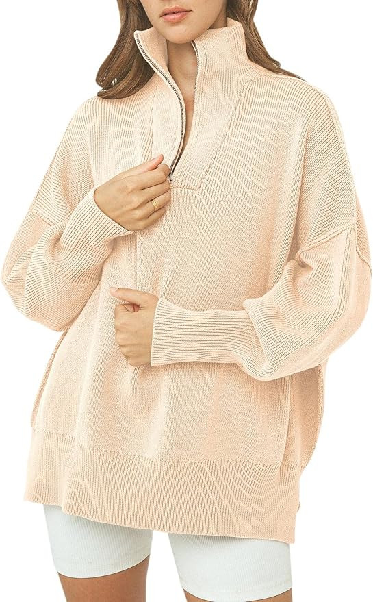 Prinbara Women's Long Sleeve 1/4 Zipper Drop Shoulder Oversized Slouchy Ribbed Knit Sweatshirt Pu... | Amazon (US)