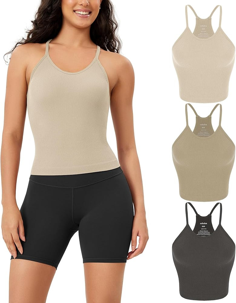 ODODOS Women's Crop 3-Pack Washed Seamless Rib-Knit Camisole Crop Tank Tops | Amazon (US)