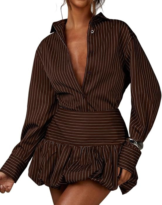2 Piece Skirt Sets for Women Long Sleeve Button Down Stripe Tops and Mini Bubble Skrit Causal Dat... | Amazon (US)