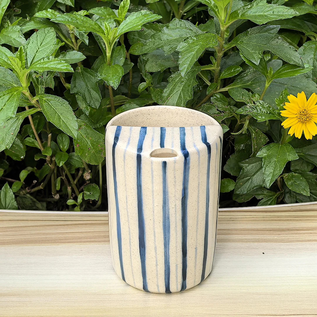 Blue Striped Ceramic Travel Mug With Lid, Handmade Pottery Travel Mug, Ceramic Tumbler, Ceramic t... | Etsy (US)