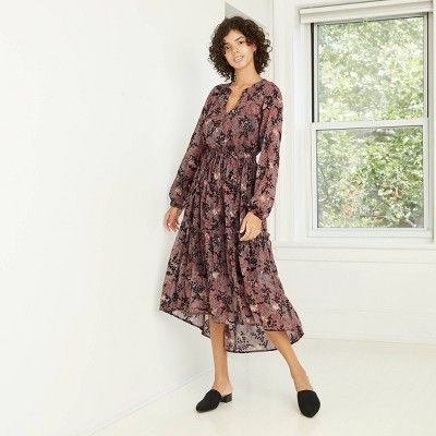 Women's Printed Bishop Long Sleeve Velvet Flocked Dress - Knox Rose™ Brown | Target