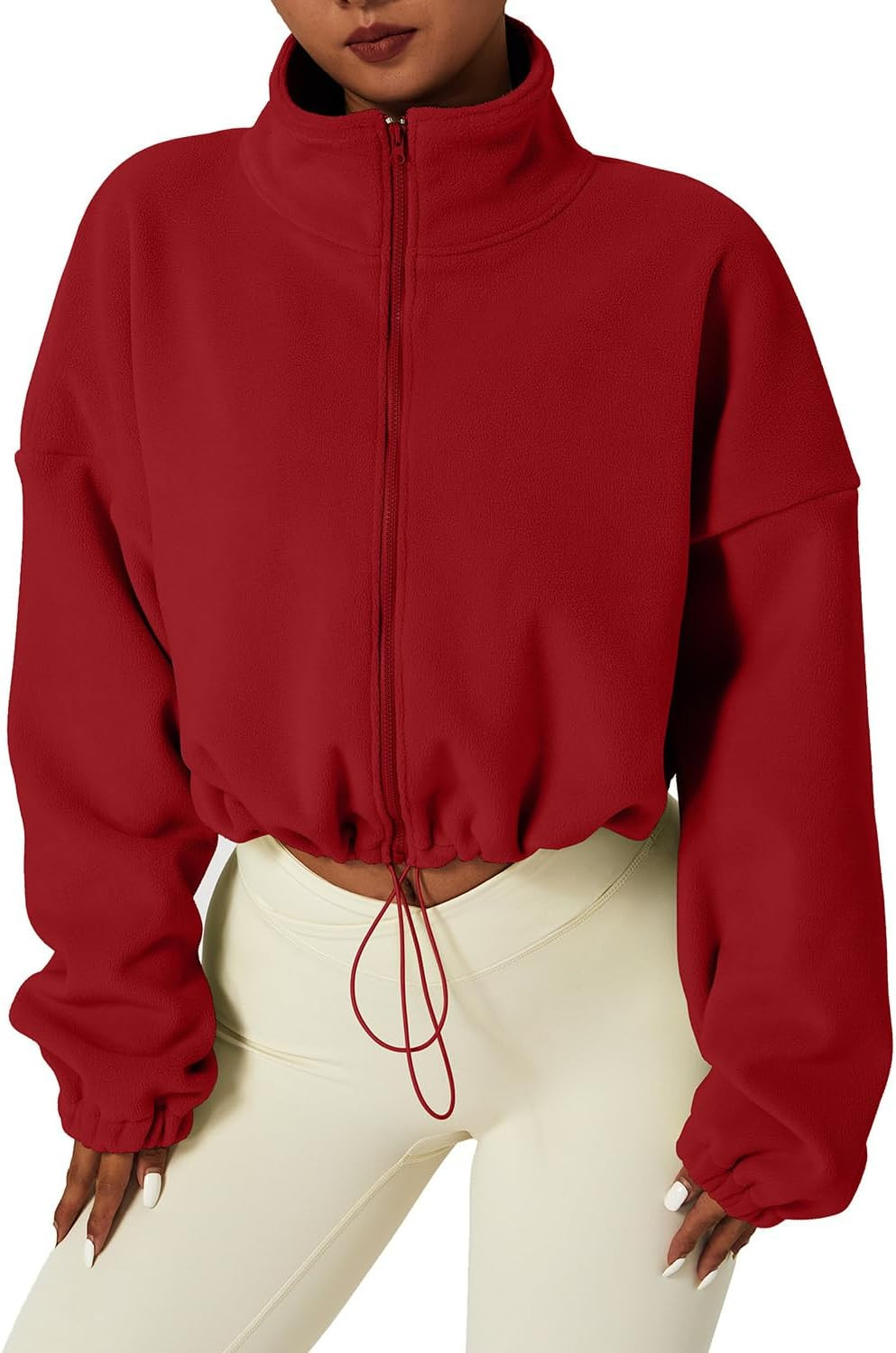 QINSEN Women's Full Zip Fleece Short Jacket Warm Winter Long Sleeve Stand Collar Sherpa Crop Coat | Amazon (US)