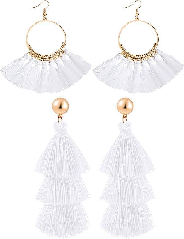 Hestya 2 Pairs Tassel Earrings for Women Girls Handmade 3 Tiered Tassel Dangle Earrings and Gold ... | Amazon (US)