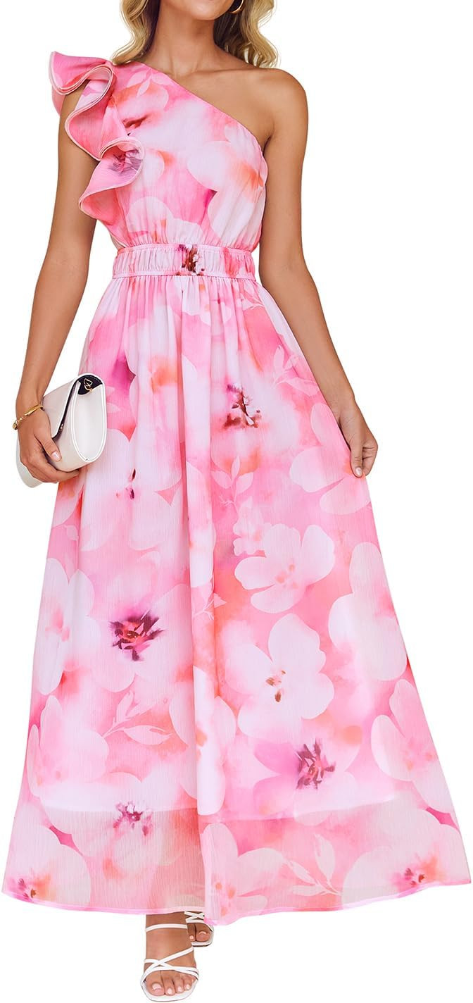ZESICA Women's 2025 Boho Floral Sleeveless Maxi Dress Ruffle One Shoulder Elatsic High Waist Beac... | Amazon (US)