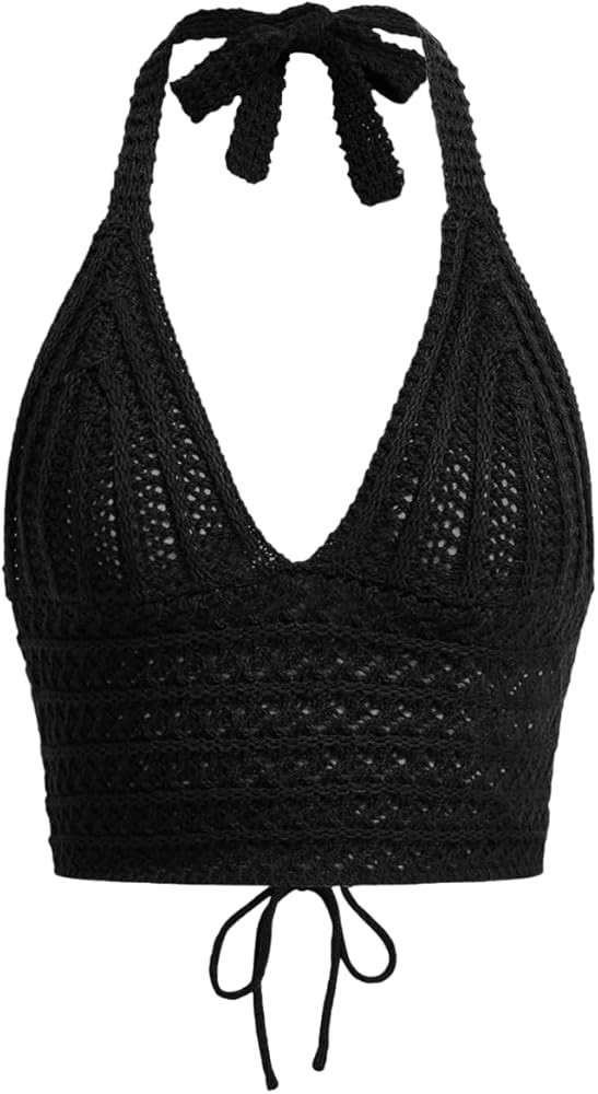 SOLY HUX Womens Crochet Halter Crop Tops Summer Sexy Knitted V Neck Sleeveless Camisole Y2K Top | Amazon (US)