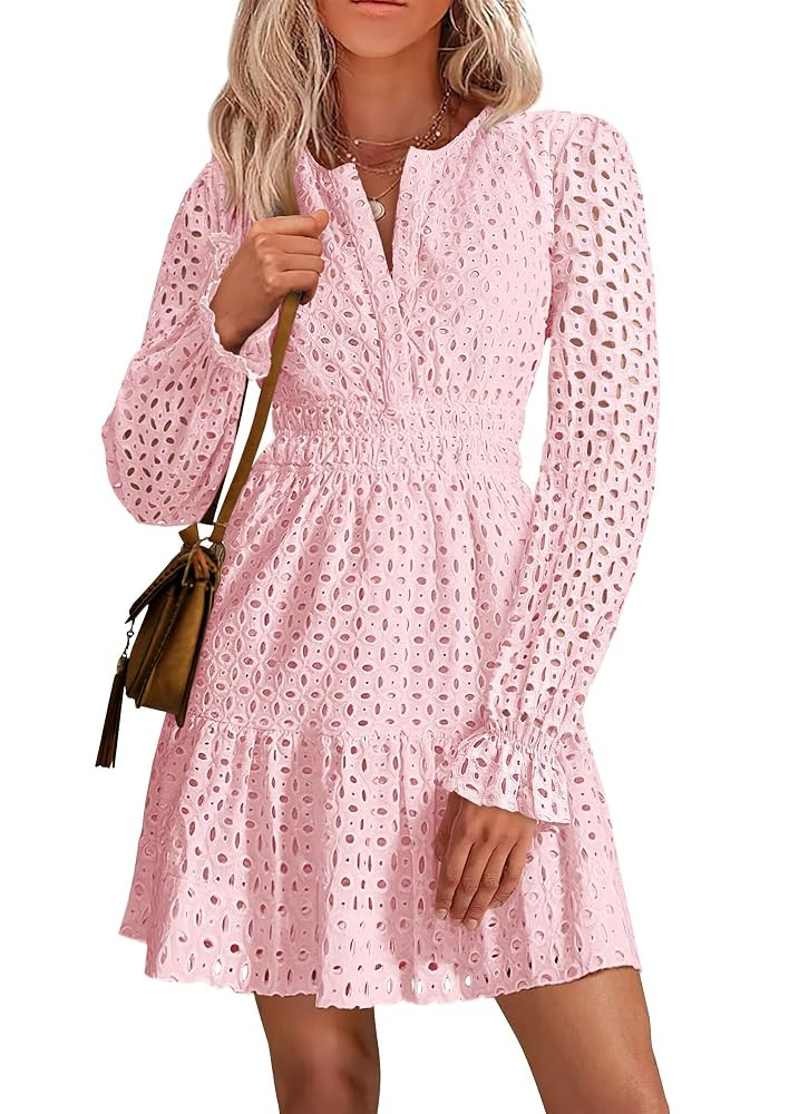 PRETTYGARDEN Women's 2025 Long Sleeve Mini Dress Eyelet V Neck A Line Casual Elegant Holiday Wedd... | Amazon (US)