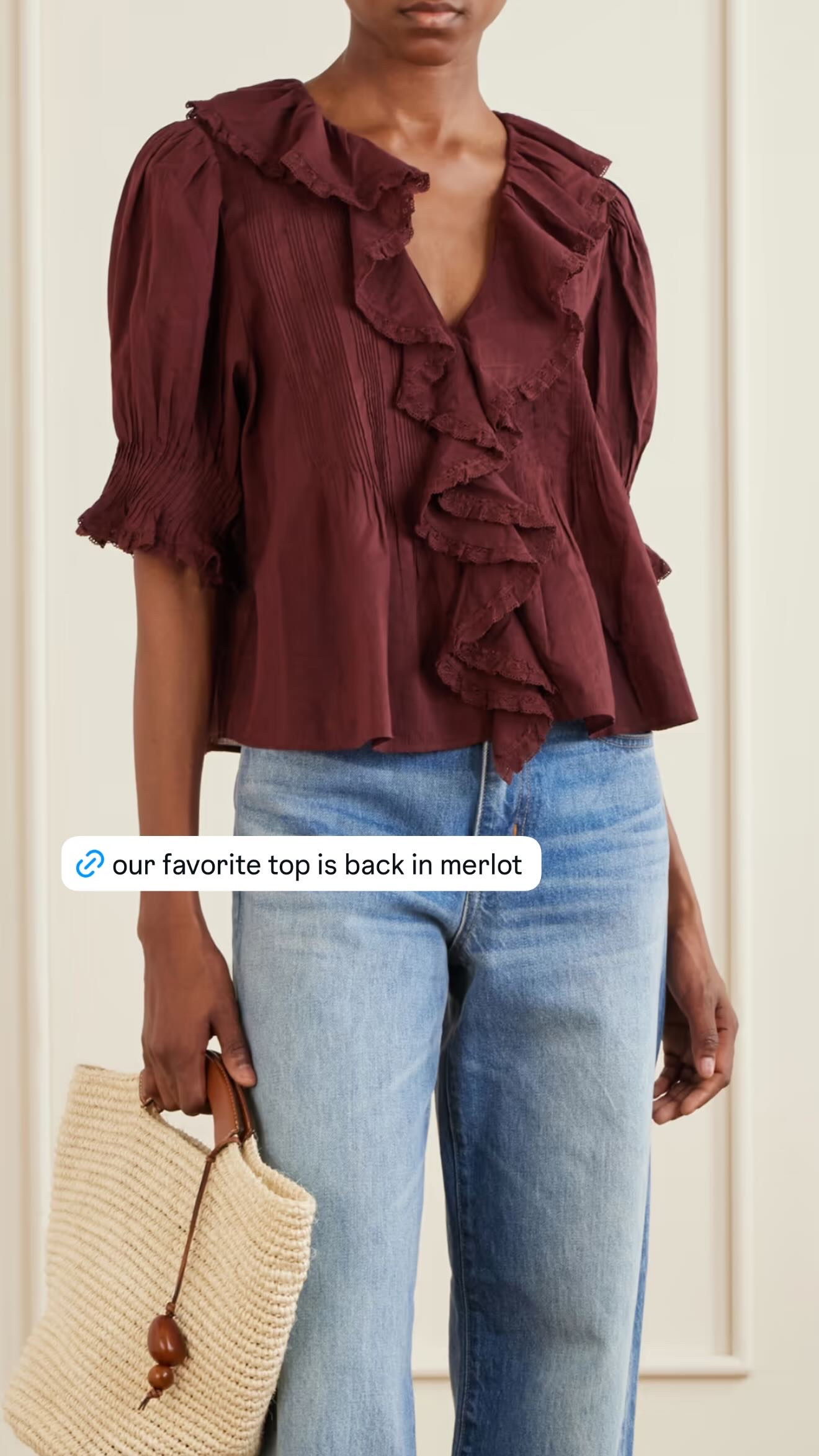 our favorite top is back in the prettiest merlot shade for fall! i love all of the ruffle detail + the slightly romantic shape, and this color is SO good with denim, chocolate brown, or ecru. such an easy top to wear for dinners, girls nights, or just to make a simple pair of jeans feel a little more special.  

 #LTKSeasonal