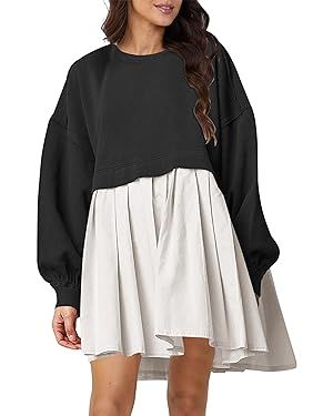 SAFRISIOR Women Oversized Sweatshirt Dress Patchwork Crewneck Long Sleeve Pullover Mini Dress Flo... | Amazon (US)
