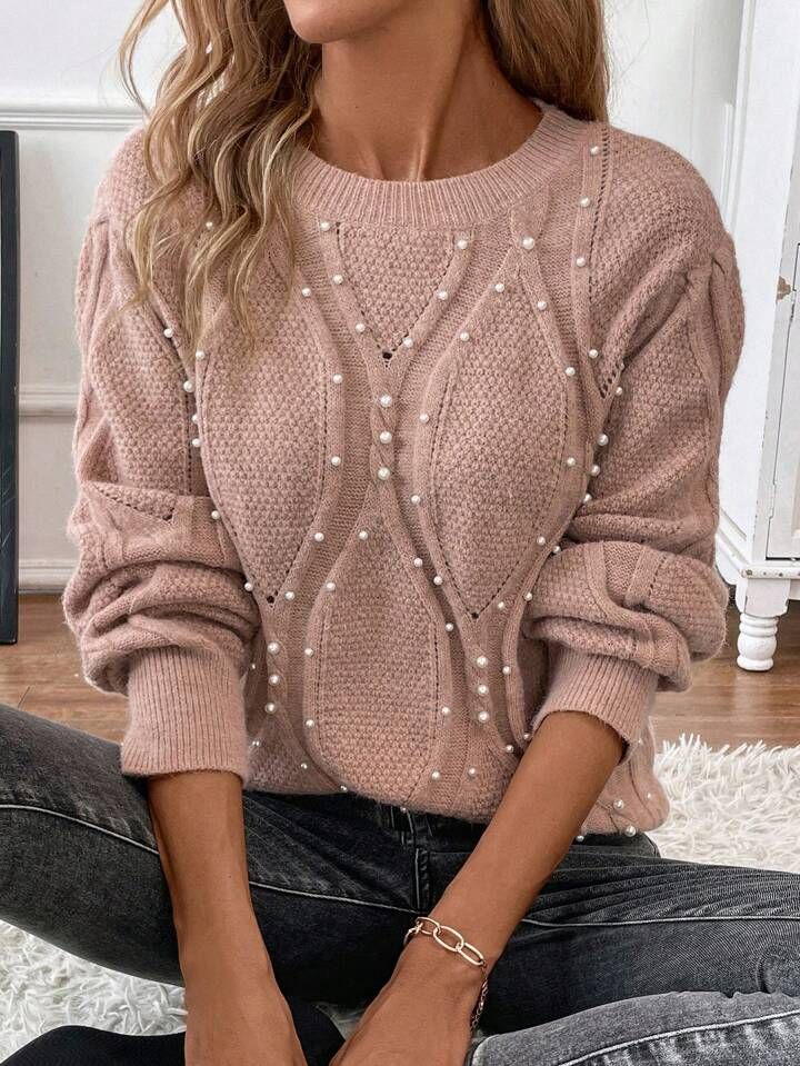 SHEIN LUNE Pearls Beaded Drop Shoulder Sweater | SHEIN
