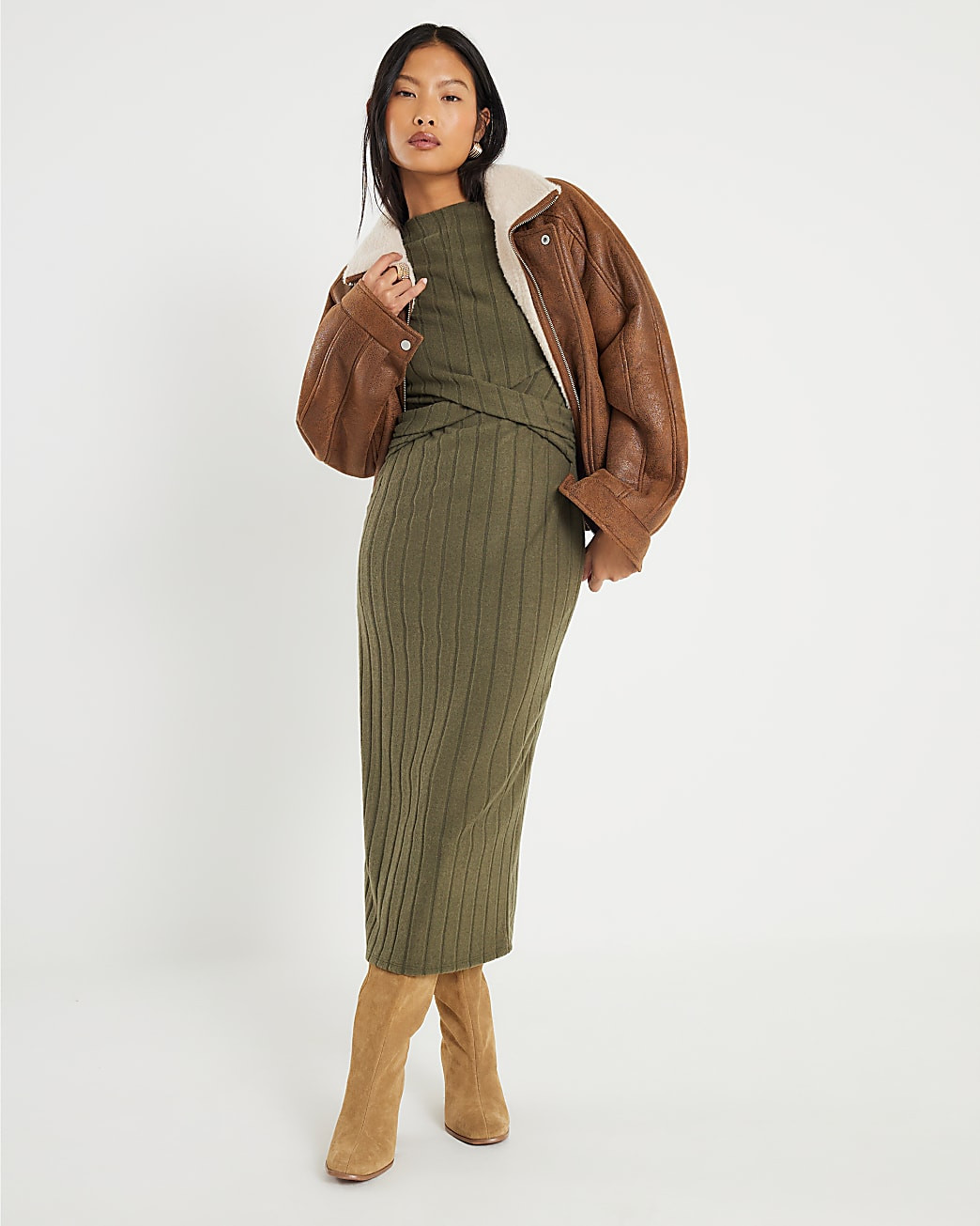 Petite Khaki Long Sleeve Cosy Midi Dress | River Island UK & IE
