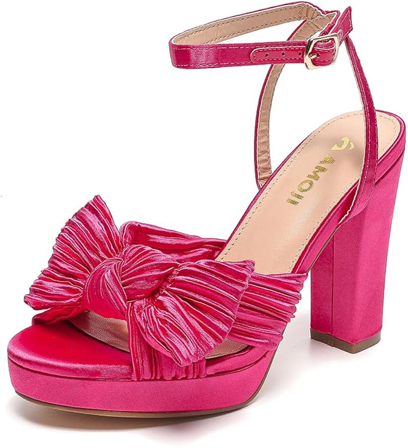 Amoji Women's Chunky Platform Heels 4'' Bowknot Heeled Sandal Wedding With Ankle Strap 302F4 | Amazon (US)