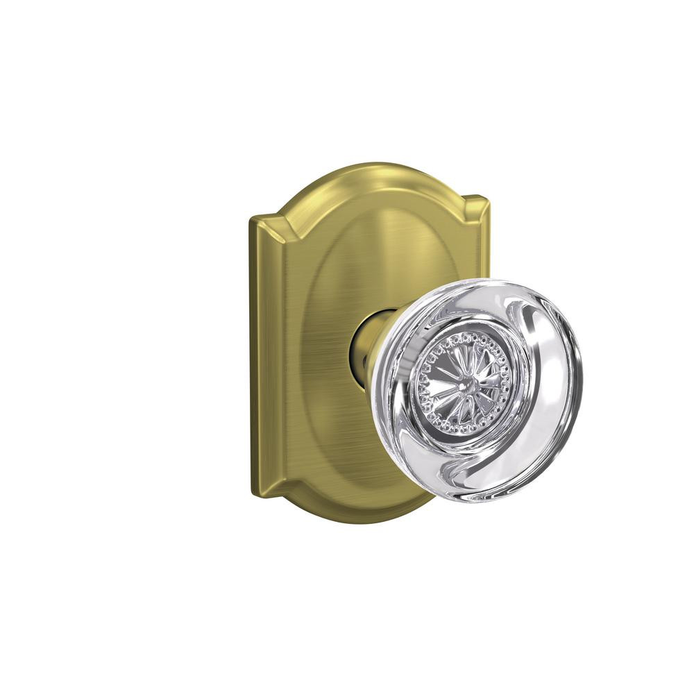 Schlage Custom Hobson Satin Brass Camelot Trim Dummy Glass Door Knob | The Home Depot
