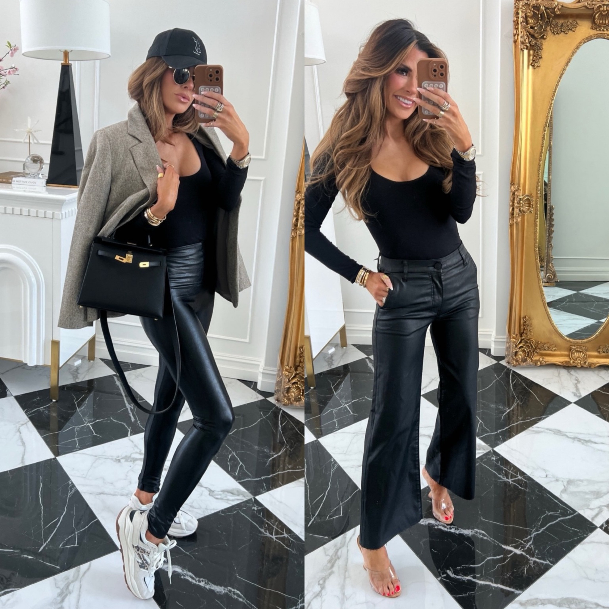 XS in the faux leather leggings, small in the top, small in blazer, shoes run TTS, the faux leather pants are amazing and have high sell out risk - they do run large so size down. I am a 0 in these. They sold out quickly last year  