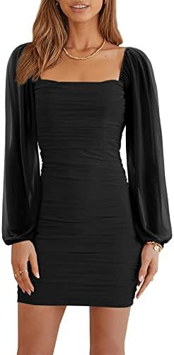 Wenrine Women's Mesh Long Sleeve Square Neck Ruched Party Club Cocktail Bodycon Mini Dress | Amazon (US)
