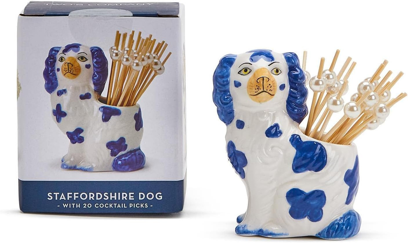 Two's Company Staffordshire Dog with 20 Picks in Gift Box, Blue and White, Ceramic/Bamboo | Amazon (US)