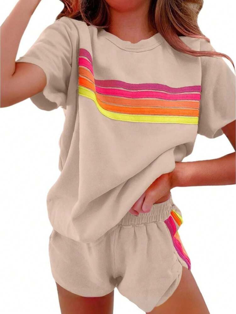 2 Piece Lounge Sets For Women Summer Rainbow Striped Tops Casual Shorts Color Blocked Suit Sweatshirts Set | SHEIN