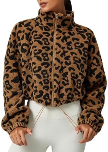 QINSEN Women's Full Zip Fleece Short Jacket Warm Winter Long Sleeve Stand Collar Sherpa Crop Coat | Amazon (US)