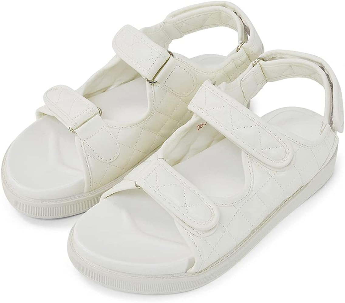 Womens Quilted Double Strap Flat Dad Sandals Ladies Flexible Sole Synthetic Leather Shoes | Amazon (US)