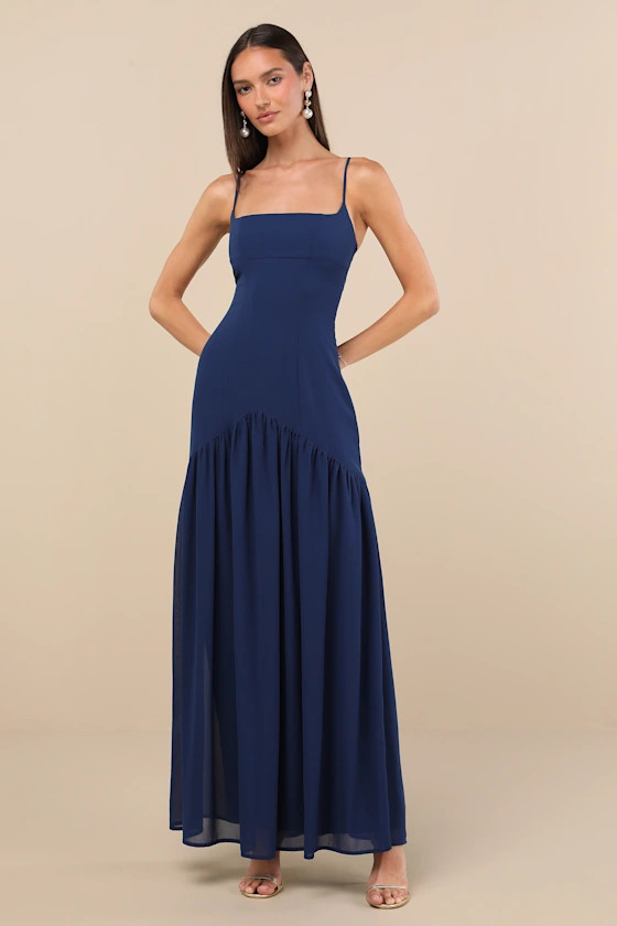 Auria Navy Blue Chiffon Drop Waist Maxi Dress | Lulus