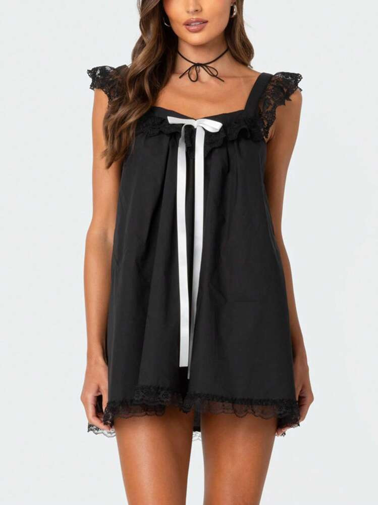 Women Summer Casual Mini Dress Lace Trim Fly Sleeve Bowknot Embellished Short Dress | SHEIN